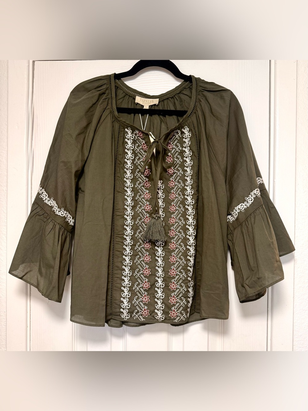 Boho Olive Embroidered Peasant Blouse with Tassel Tie